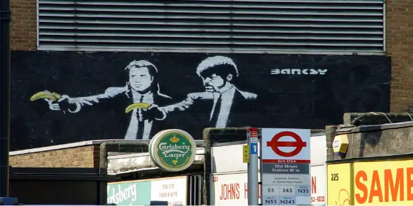 Pulp Fiction Bansky art in Shoreditch, London. photo: Brownos