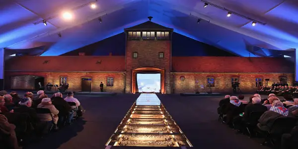 The 'death gate' at Auschwitz-Birkenau cocooned by a giant marquee - source: Getty Images
