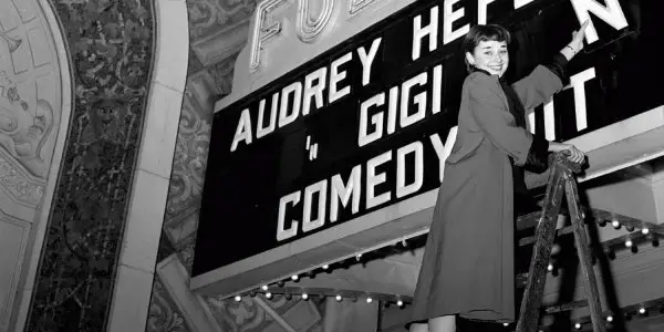 Audrey Hepburn photographed outside the Fulton theater in New York City (1951) Source: TBA