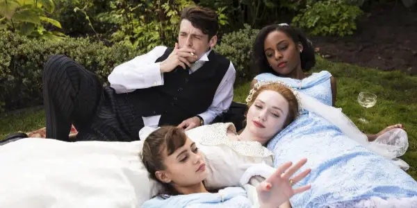 Anthony Boyle, Crystal Clarke, Eleanor Tomlinson, and Ella Purnell in "Ordeal by Innocence" (2018) — source: BBC One